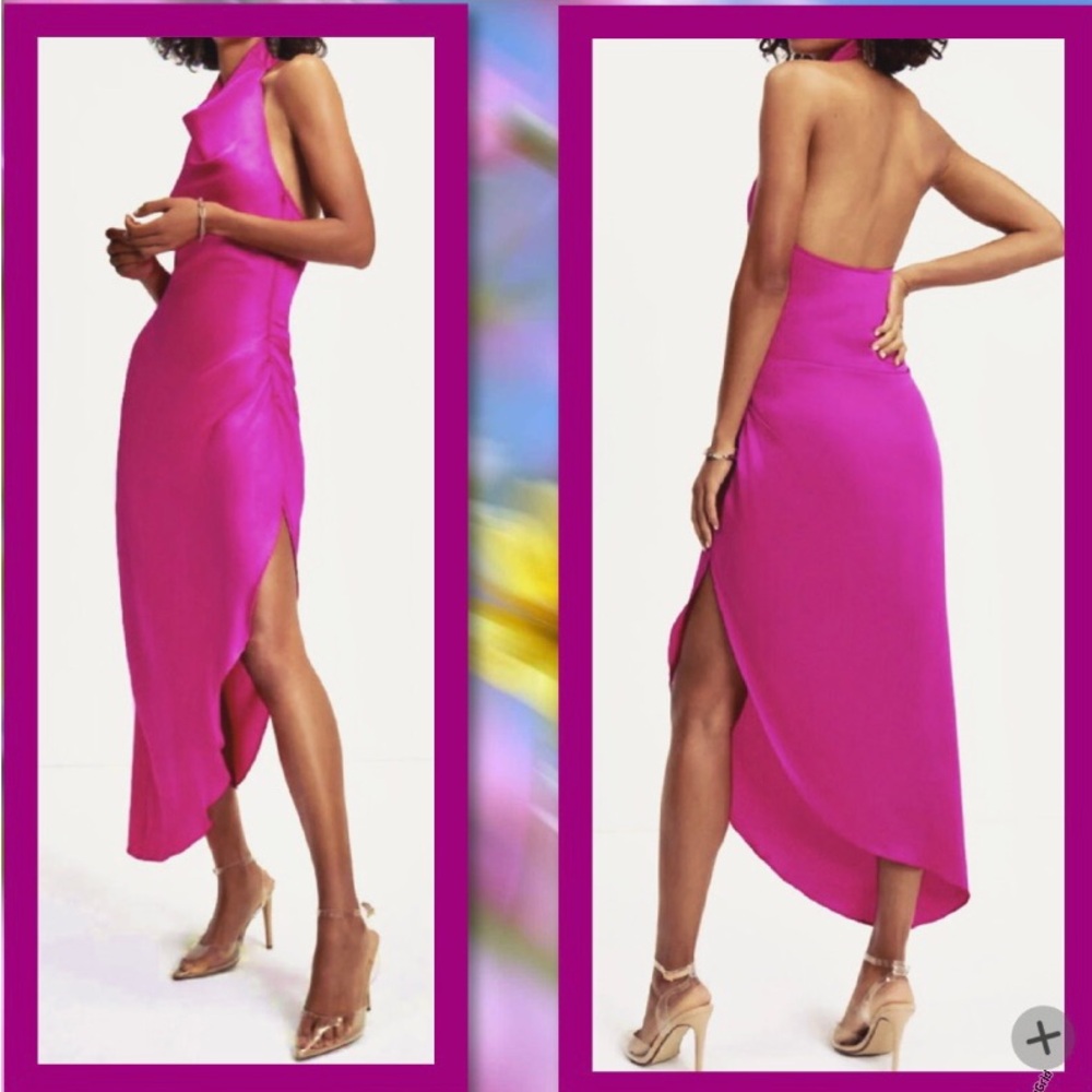 VICI fuchsia pink draped asymmetrical midi dress, halter w/buttons. NEW Re $80🎉